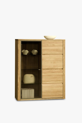 Modern tölgyfa nappali vitrin üveges ajtóval, 150x123x42 cm